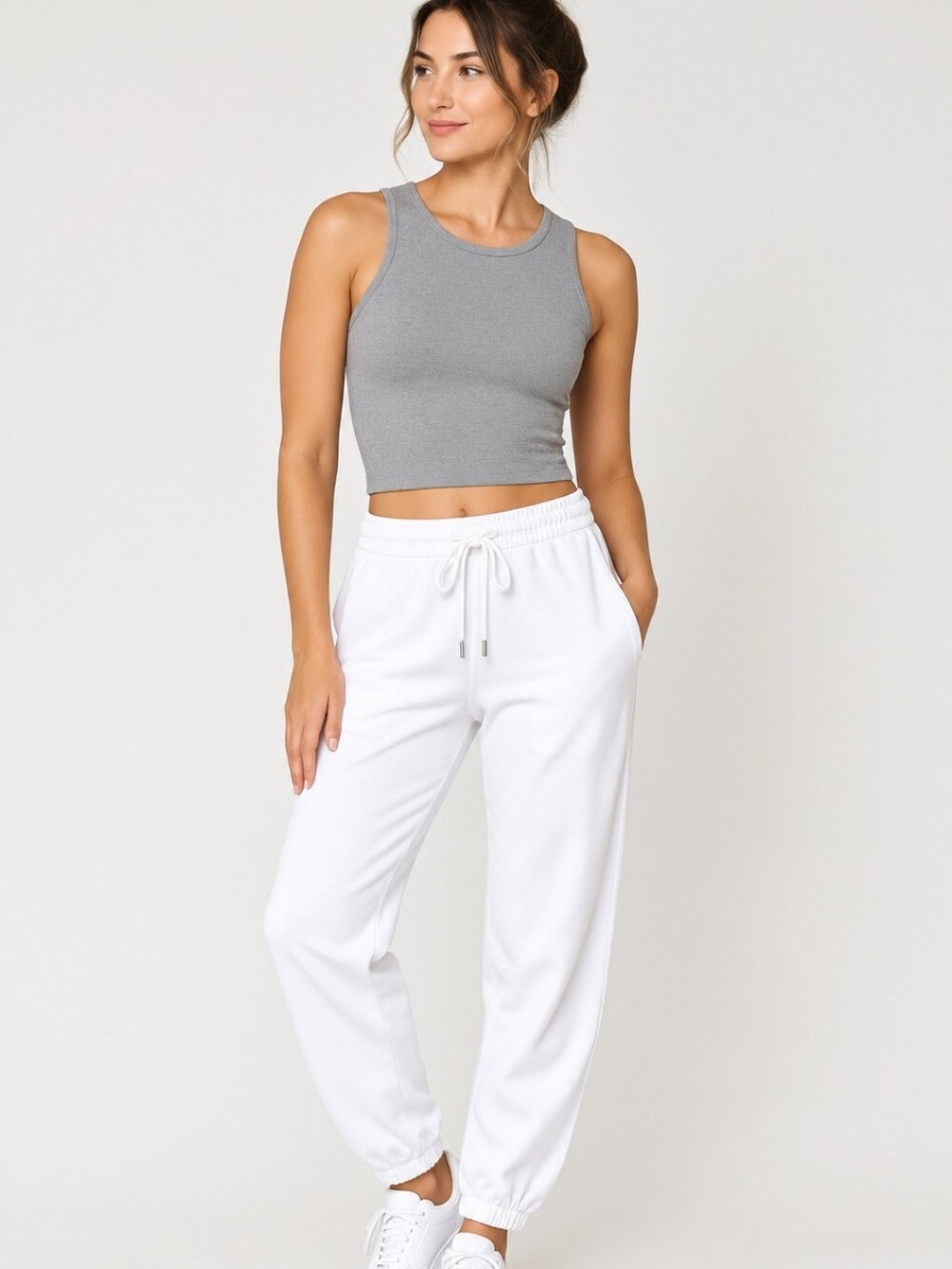 H&M White Cotton Blend Jogger Pants Size Large Long Length Drawstring Pockets